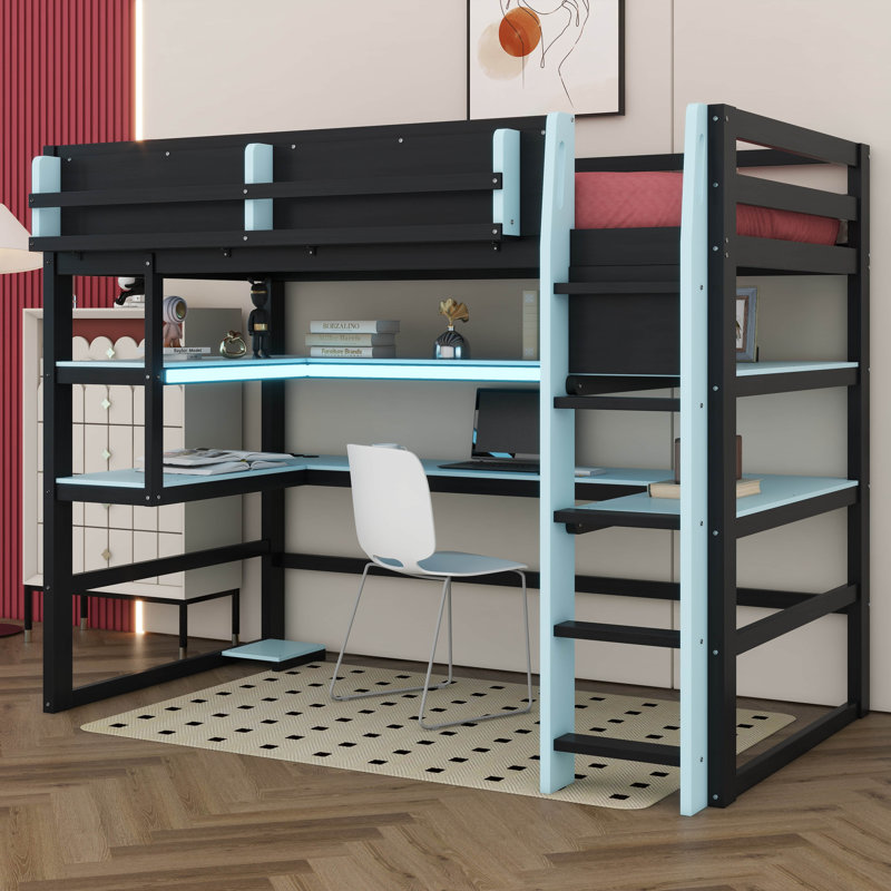 Lit mezzanine avec bureau intégré et tablettes de rangement, structure de lit en bois peu encombrante avec éclairage RVB et course latérale