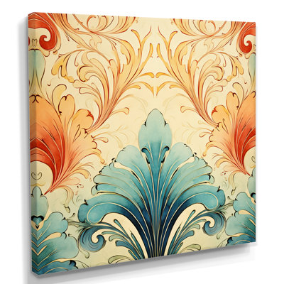 Art Deco Flower Ornamentals In Vintage Blue Red - Flowers Wall Art Print