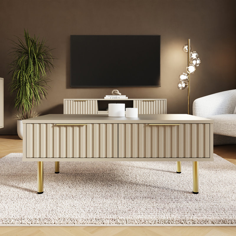 Nervata Living Coffee Table with Storage, Ivory, Gold