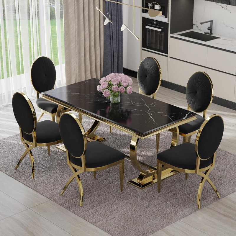 Ethanael Faux Marble Top Metal Base Dining Table, Black Top/Polished Gold Base