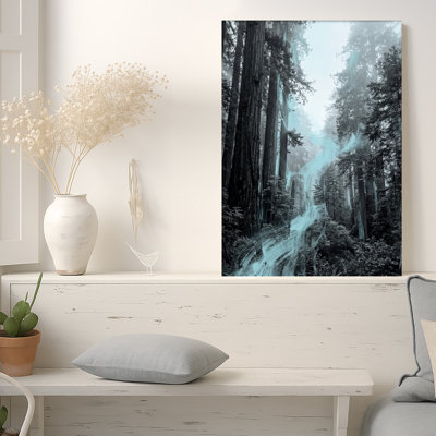 Tall Trees in Misty Forest with Cyan Light Streaks Canvas Wall Art