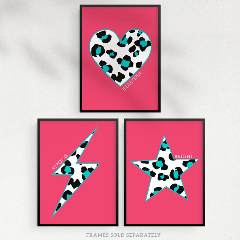 Leopard Pattern Heart Lightning Star Shape Red Motivational - 3 Piece No Frame Print Set, Multicoloured Pink