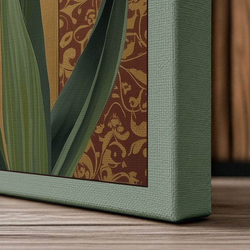 Irises Against Damask Botanical - Wrapped Canvas, 24x16 - 61.0 x 40.6 cm, Sage Border