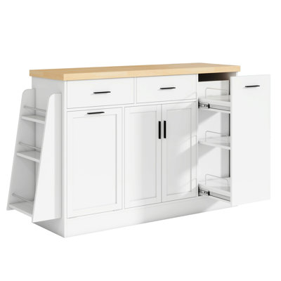 Multi-Functional Storage Sideboard, Trash Can Storage, Sliding Door Cabinet & 3-Tier Spice Rack,Kitchen Island Table For Kitchen, Dining Room (White)
