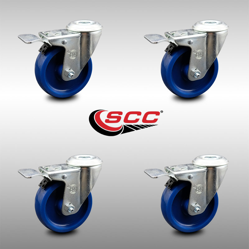 4 Inch SS Solid Polyurethane Swivel Bolt Hole Caster Set with Total Lock Brake