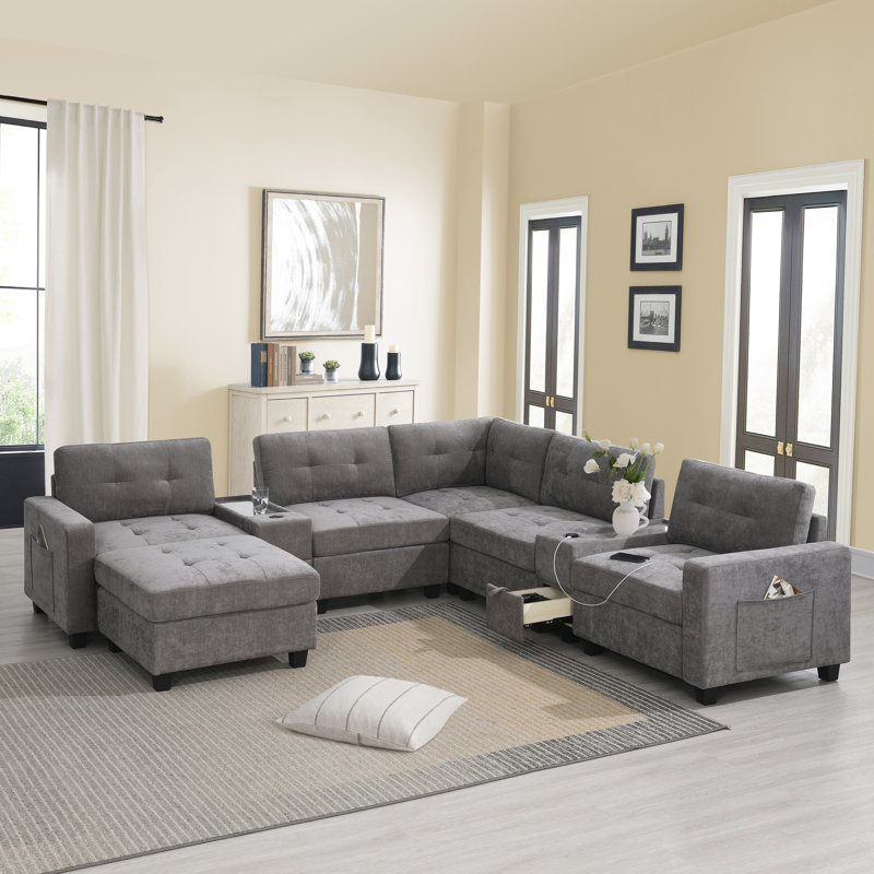 Chenille U Shaped Couch Set, Dark Gray Chenille