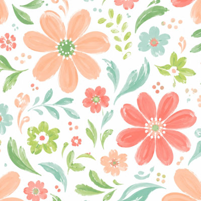 Peel and Stick Wallpaper Cheerful Floral Peach Coral Flowers Green Leaves Contact Paper Removable Self Adhesive Wall Mural Wall Decor for Bedroom Kitchen Cabinets 17.7in x 118in