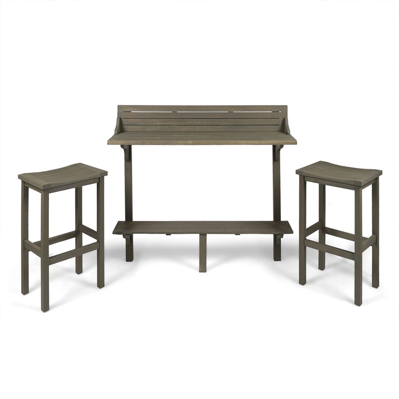 3-Piece Balcony Bar Set With Bottom Shelf Table And 2 Stools, Grey Finish