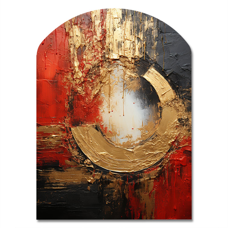 Red Gold Fusion Spiral II - Abstract Spirals Asymmetrical Metal Wall Decor, Gold Arch Metal Art Print, 34" H x 25" W x 1" D
