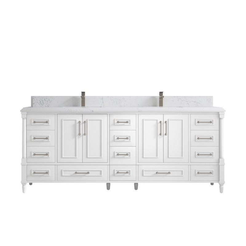 Hudson 84" White Solid Wood Double Sink Freestanding Vanity with Quartz Top