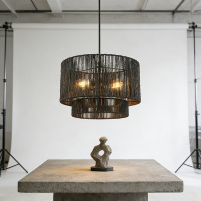 Luminaire suspendu moderne à deux lumières avec abat-jour en ficelle de papier et cordon en tissu tressé, éclairage d'îlot de cuisine à intensité variable pour le salon, la chambre à coucher et la salle à manger