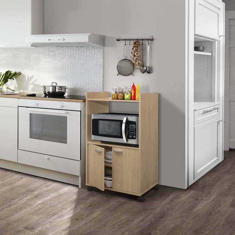 Arlindo 16" Microwave Cabinet with Storage and Upper Shelf for Kitchen Appliances - 2 Door Cabinet Kitchen Storage Cart - Wood Kitchen Cart with Lockable Castors Wheels