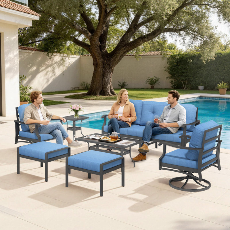 Ensemble de conversation de patio en aluminium 7 pièces, mobilier d'extérieur en métal avec canapé 3 places, chaises pivotantes à bascule, repose-pieds et table basse, coussins épaissis de 5 po pour la cour arrière, près de la piscine