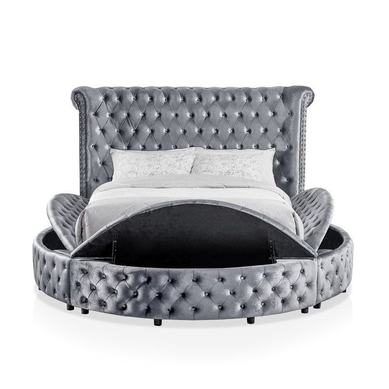 Lit de rangement rond 1pc avec mobilier de chambre à oreilles capitonné en velours, Roi, Gris