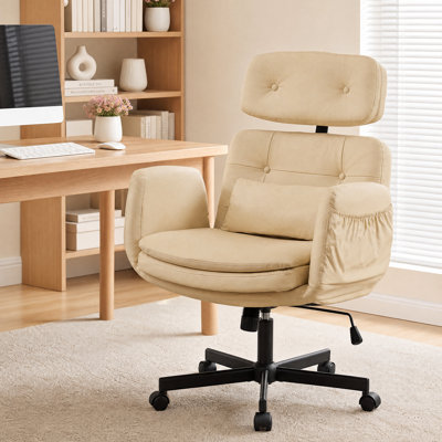 Fauteuil croisé à haut dossier avec roulettes, similicuir beige | Fauteuil de bureau large à pieds croisés avec accoudoirs réglables, fauteuil de bureau pivotant confortable pour le salon, la chambre à coucher