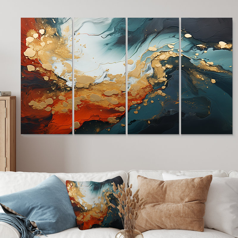 «Blue and Golden Marble Storm IV», art abstrait, 4 pièces, H 32 po x l 64 po