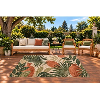 Tapis d'extérieur 152 x 213 cm, motif tropical feuilles de palmier et pots, tapis bouclé en PVC imperméable, séchage rapide et résistant, idéal pour porche, terrasse, balcon, entrée.