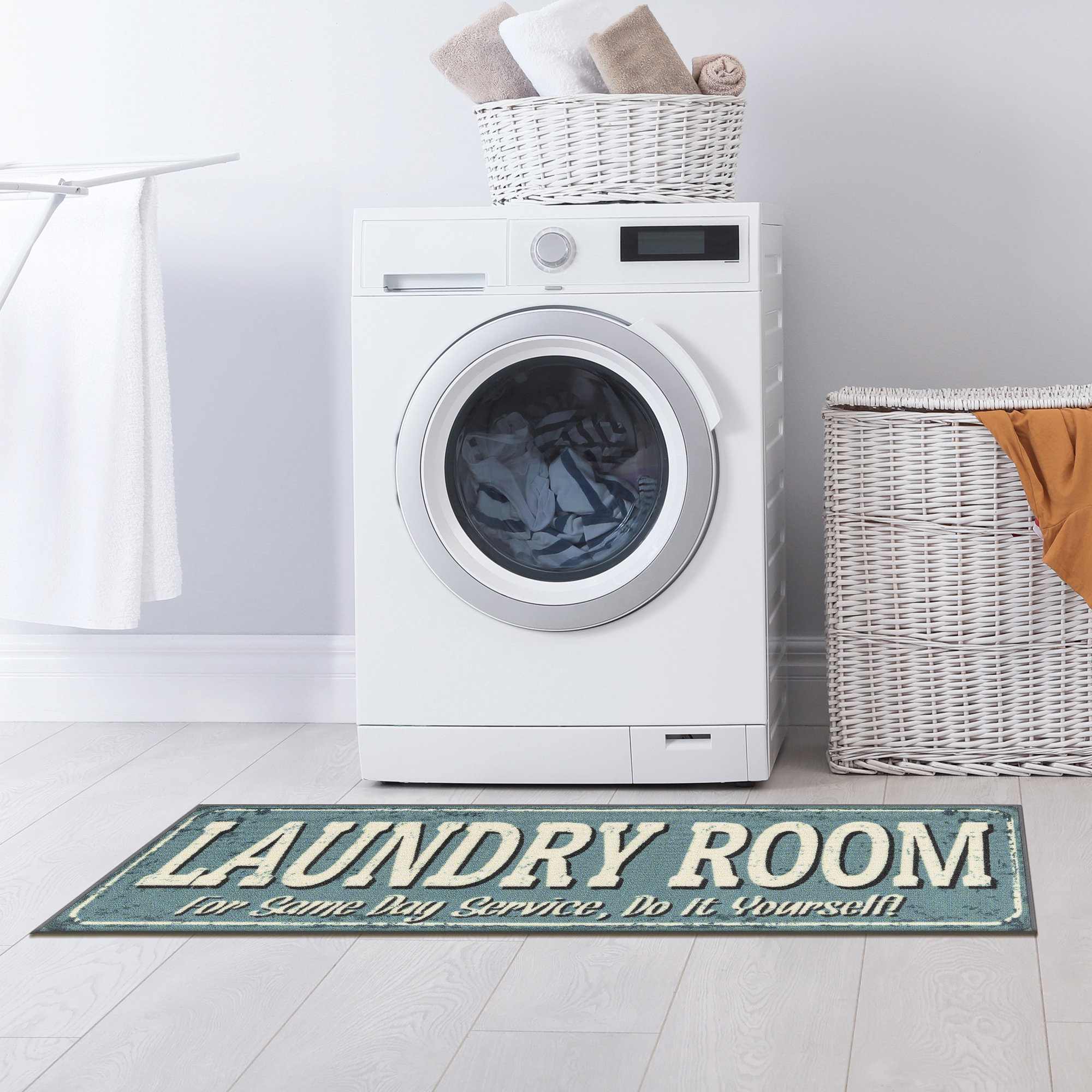 Ottomanson Machine Washable Non-Slip Rubberback Blue Laundry Room ...