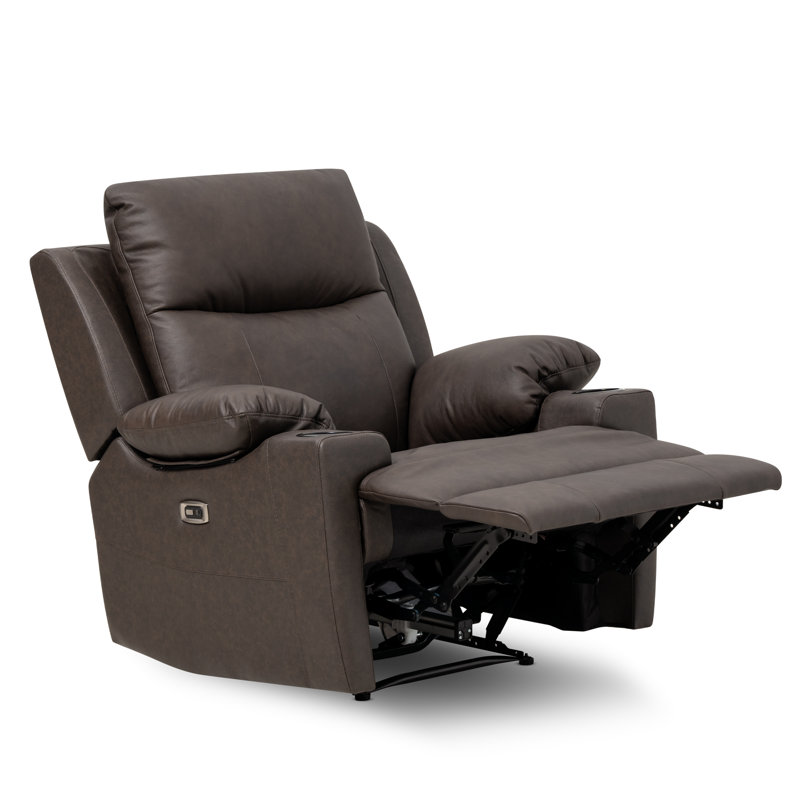 Fauteuil inclinable électrique moderne en cuir pleine fleur de 91 cm de large avec accoudoirs rembourrés, Brun