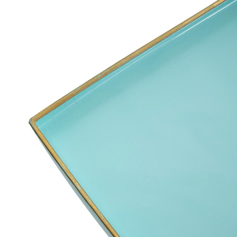 8.5” Square Plastic Tray with Powder Blue Finish and Gold Trim, Decorative Accent Tray for Organization, Serving, or Centerpiece Display 