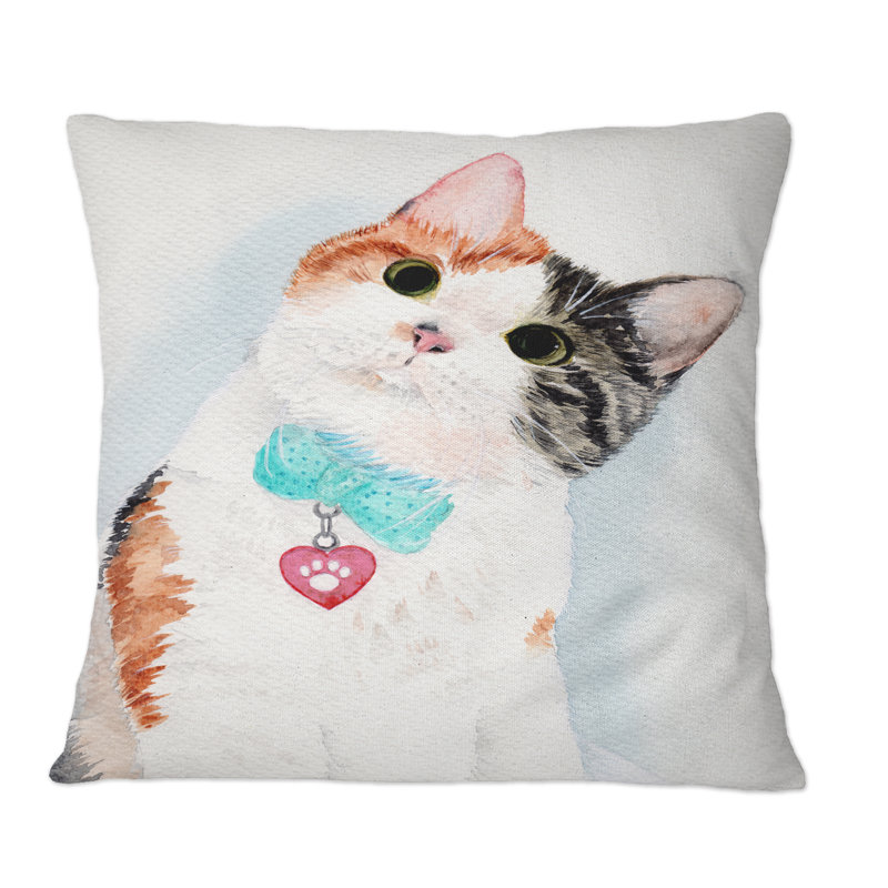 Chat blanc avec un cœur suspendu - Coussin décoratif imprimé traditionnel, 16 po x 16 po