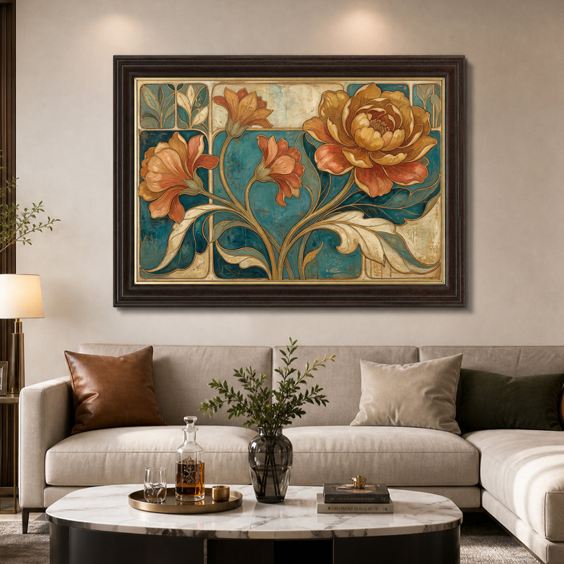 Tableau mural sur toile à motif floral Art nouveau, dans les tons rouille et turquoise, H 12 po x l 18 po
