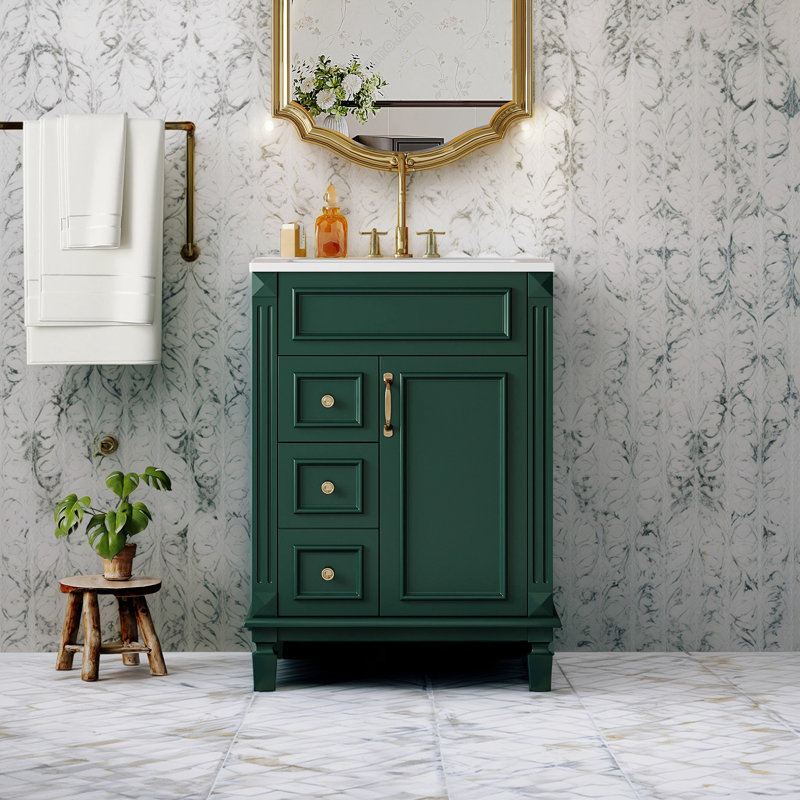 Meuble-lavabo moderne 24 po avec lavabo en céramique, 2 tiroirs, tablette réglable, Vert/doré