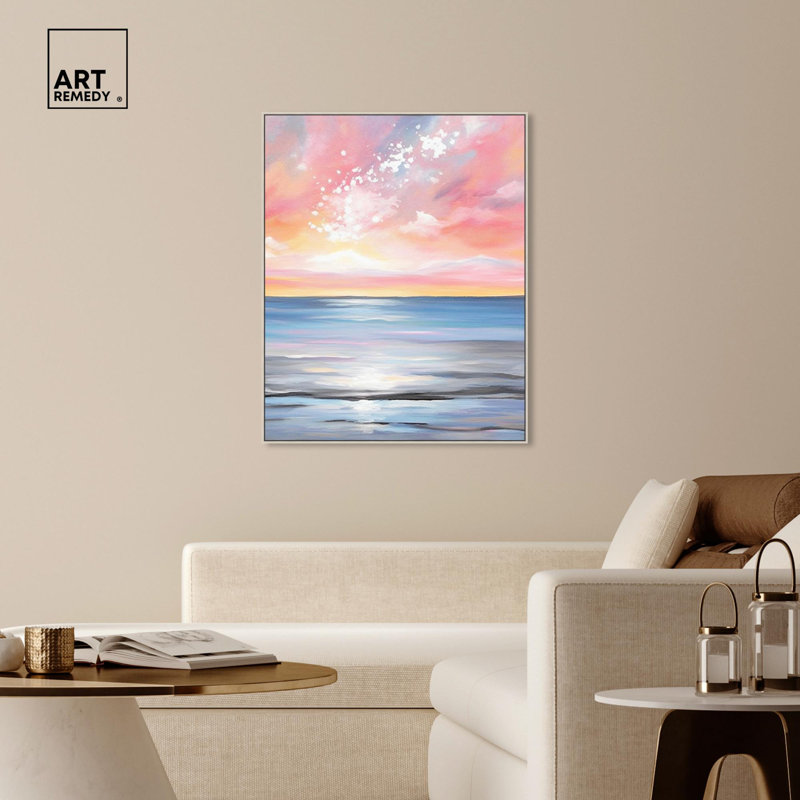 Whimsical Ocean Breeze Blue Canvas Coastal Wall Art with Silver Frame