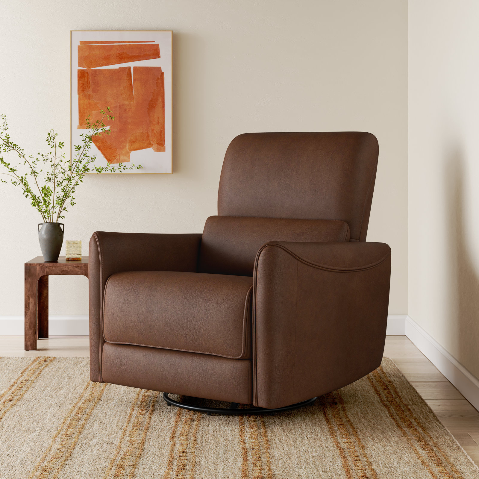 Santo Genuine Leather Swivel Power Recliner, Impression Cognac Top Grain Leather