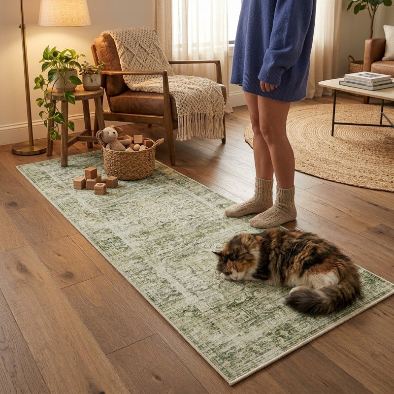 Tapis de couloir de cuisine Boho, Motif floral vert