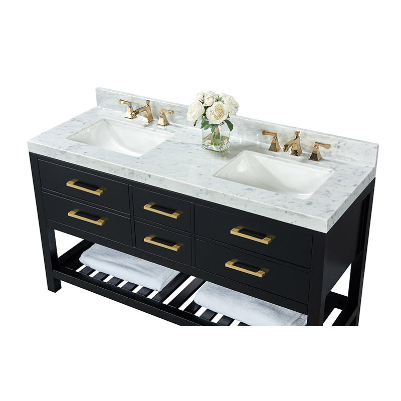 Elizabeth 60'' W Double Vanity, Black Onyx/Brushed Gold, Carrara White Marble
