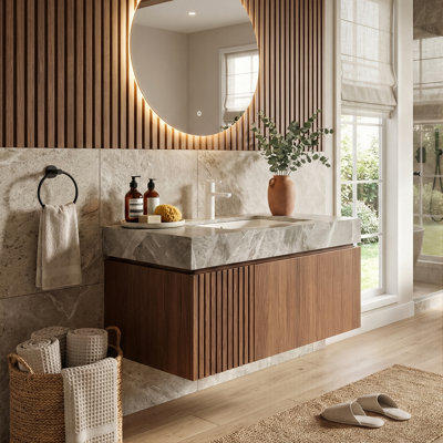 Meuble-lavabo flottant moderne de 30 po, plateau en pierre frittée (gris clair / travertin) avec lavabo en céramique et armoire en contreplaqué (chêne blanc / chêne brun) et 1 tiroir