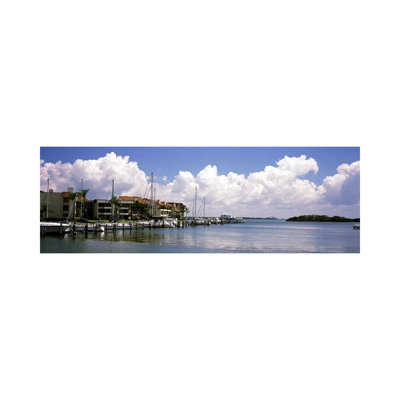 Boats Docked In A Bay, Cabbage Key, Sunshine Skyway Bridge In Distance, Tampa Bay, Florida, USA - Wrapped Canvas Panoramic Print