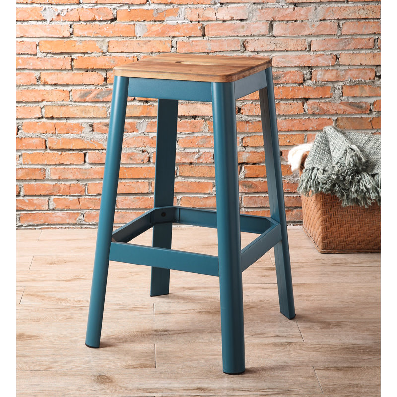 Tabouret carré naturel et bleu sarcelle avec pieds tubulaires en métal, capacité de 100 lb, siège de 13 po, dimensions en pin massif sans accoudoirs et poids de 18 po