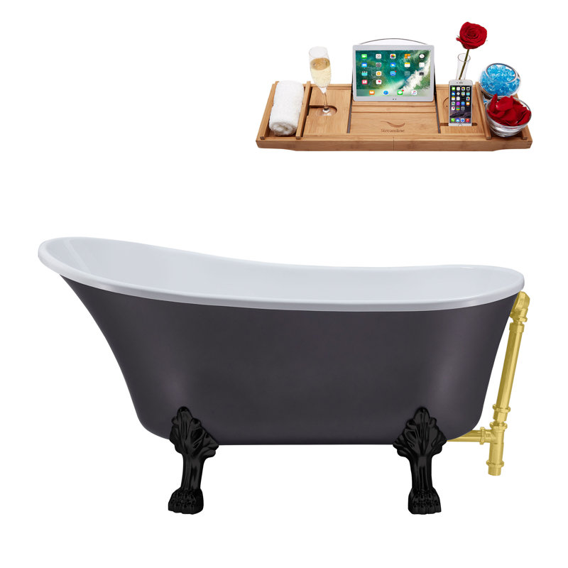 55" Streamline Clawfoot Soaking Acrylic Bathtub With Drain, Clawfeet, and Bamboo Tray, Matte Black, Brushed Gold