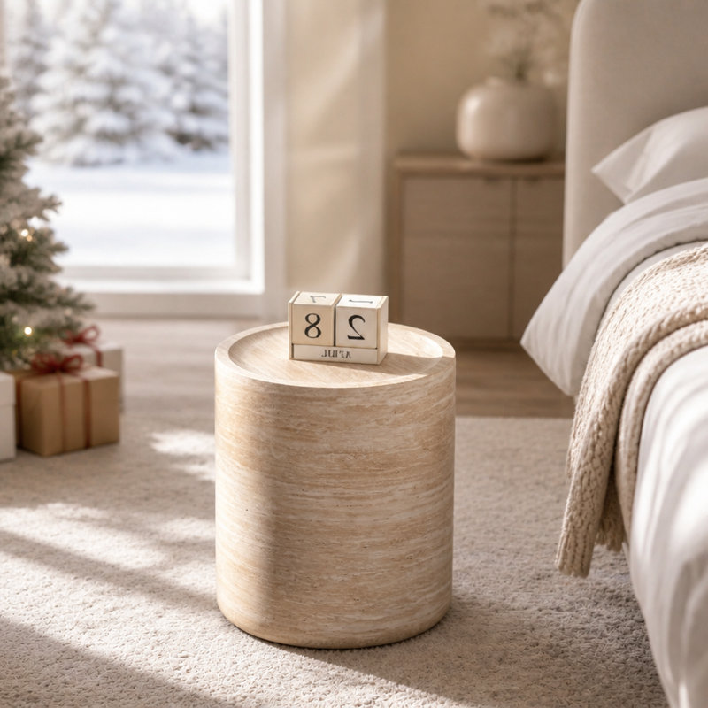 Modern Round Drum Side Table With Unique Planetary Pattern And No Assembly Required For Living Spaces