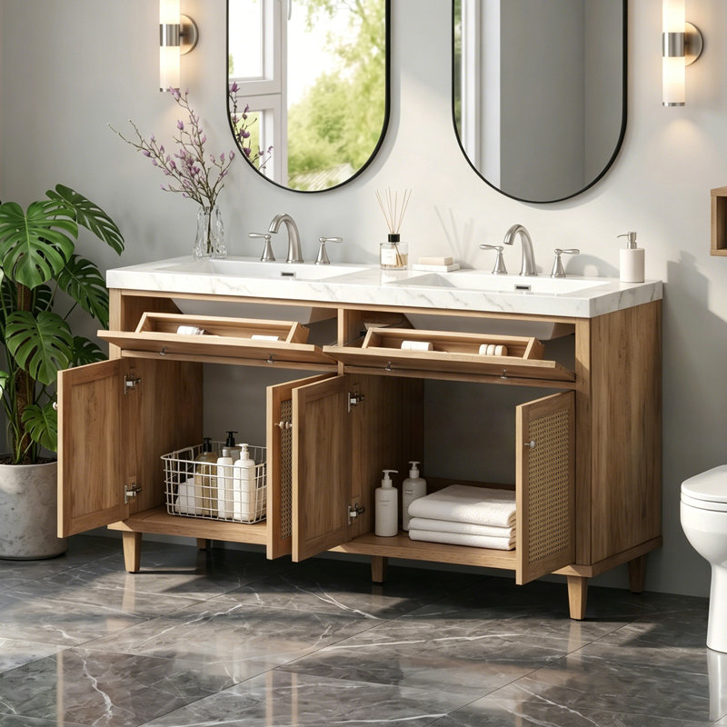Meuble-lavabo 60 po avec double lavabo, Bois