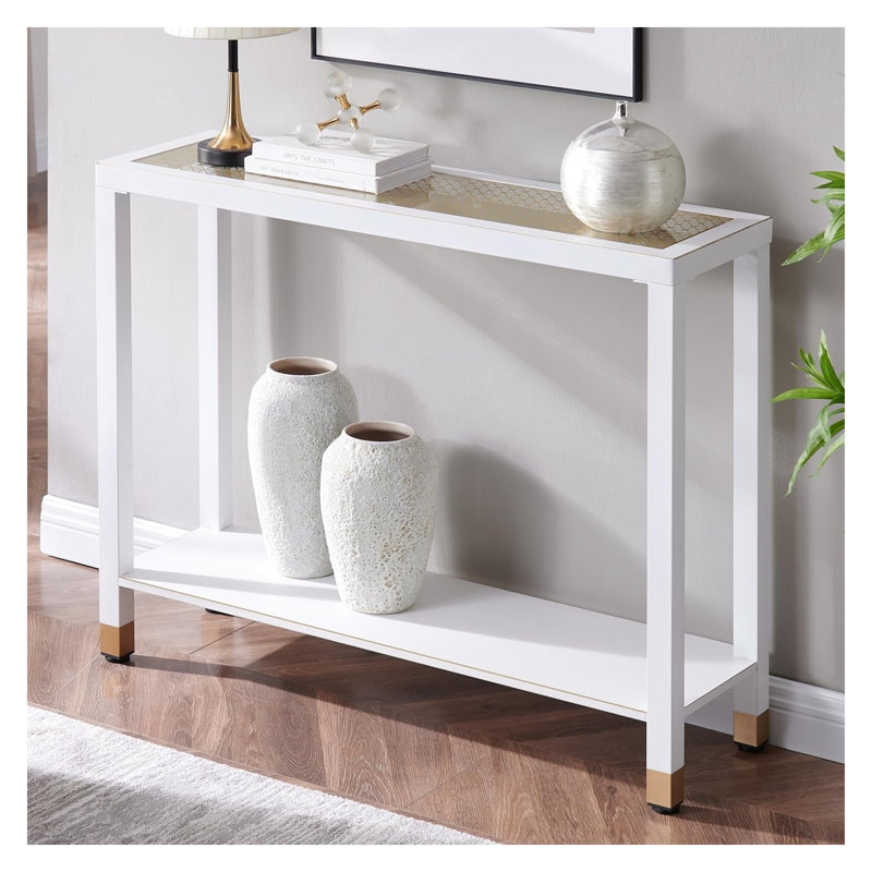 Console de hall d'entrée en verre avec conception à 2 niveaux, canapé étroit de 41 po avec détails en maille dorée et structure en métal blanc pour le couloir, le salon ou le vestibule