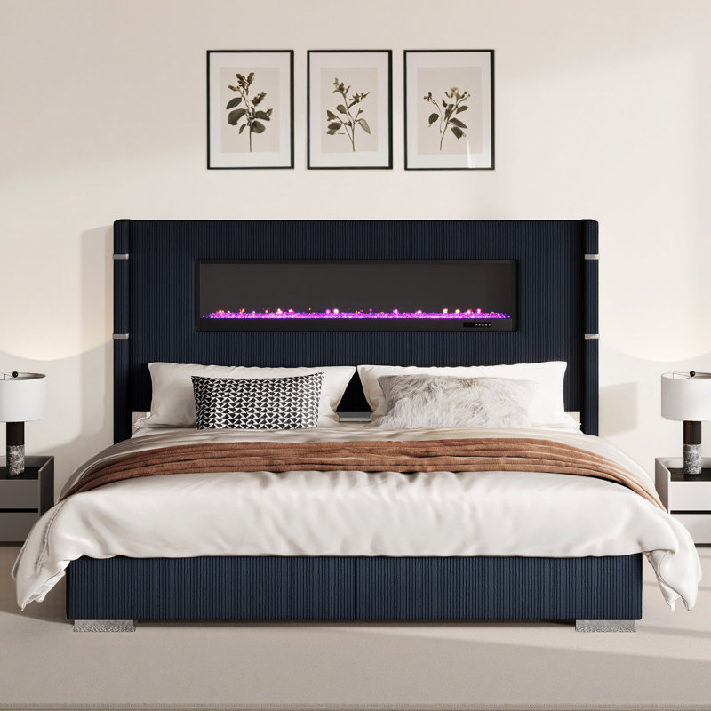 Lit moderne H 60,4 po avec tête de lit et foyer en velours côtelé, Noir, Très grand