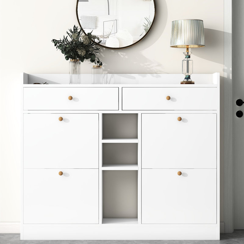 Étagère à chaussures moderne avec 2 tiroirs, blanc, armoire de couloir écoénergétique avec finition blanche, Blanc