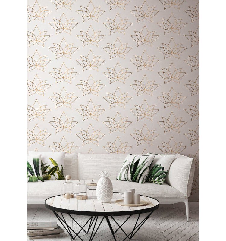 Lotus Lines 10' L x 24" W Wallpaper Roll, Golden, Paper, Non-pasted