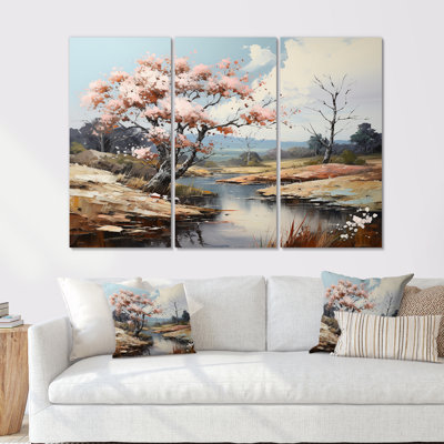 «Pink Trees Blooming In Country Charm» - ensemble d'art mural arbre