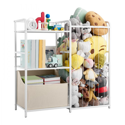 Bibliothèque pour enfants et rangement pour animaux en peluche, organisateur de rangement pour jouets, étagère à livres à 2 niveaux avec coffre à jouets en tissu, rangement pour jouets pour chambre d'enfant, salon, vestibule, chambre de bébé, école maternelle, blanc