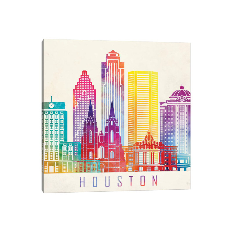 Houston Landmarks Watercolour Horizontal 1 Piece Wrapped Canvas Painting, 66.04 cm H x 66.04 cm W
