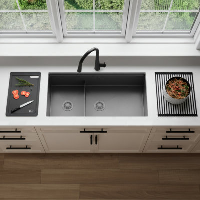 36 in. x 19 in. 16 Gauge, Stainless Steel, Nano Graphite Black Dura-Tek 60/40 Double Bowl Undermount Workstation Kitchen Sink with Built-In Accessories