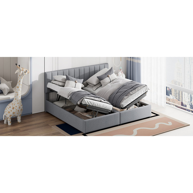 Très grand lit plateforme tapissier avec système de rangement hydraulique, gris