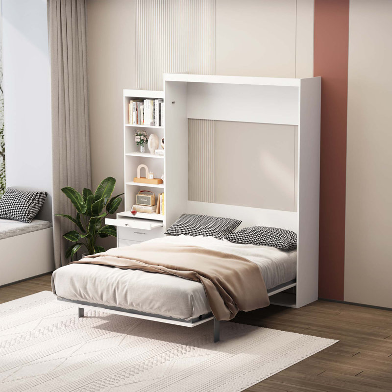 Lit escamotable double pleine grandeur avec tablette et tiroirs