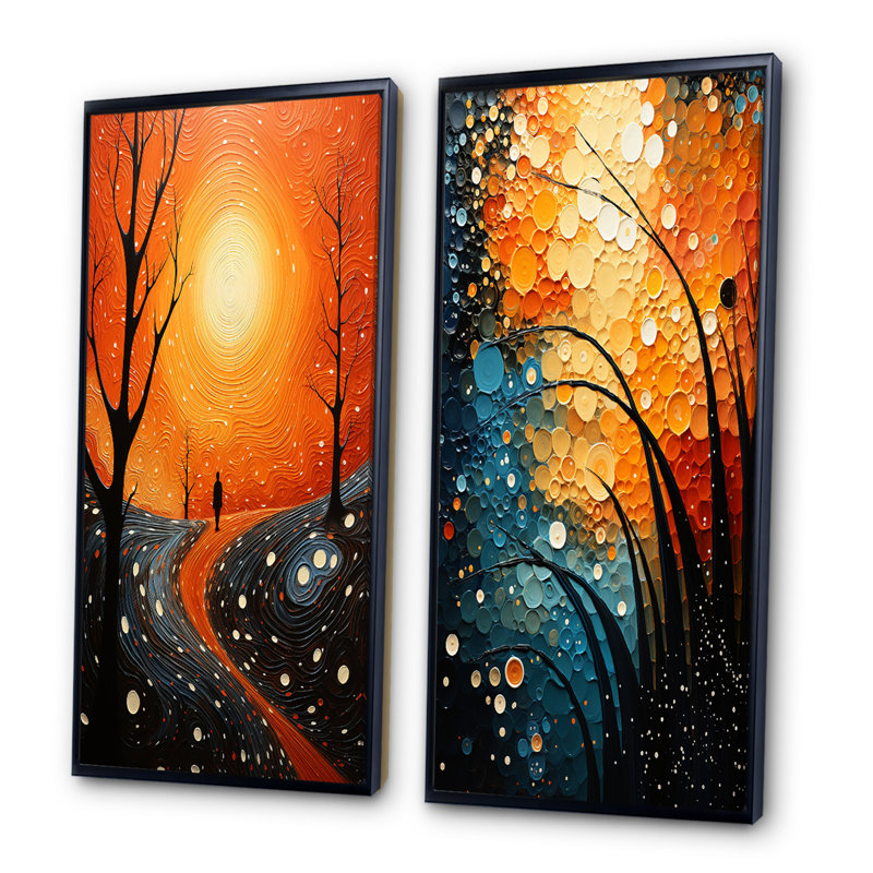 «Orange Tree Aérial Dance Pointillism», 2 pièces sur toile, Cadre noir, H 32 po x l 32 po