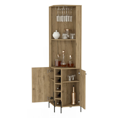 Reese Corner Bar Cabinet, Two Shelves, Double Door Cabinet, Five Built-In Wine Rack, Four Interior Shelves