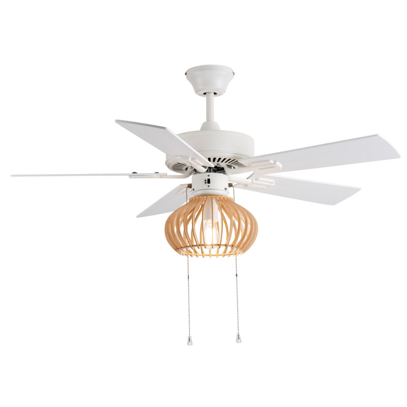 42"W LED 5-Blade White Tan Wood Caged Ceiling Fan with Light